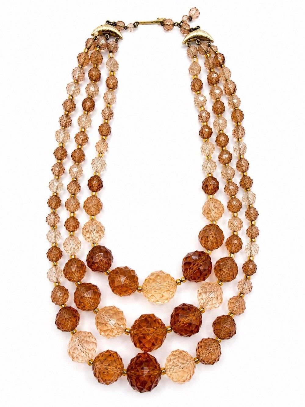 Vintage West Germany Multi Strand Faceted Lucite Necklace Amber Peach Beads 1950